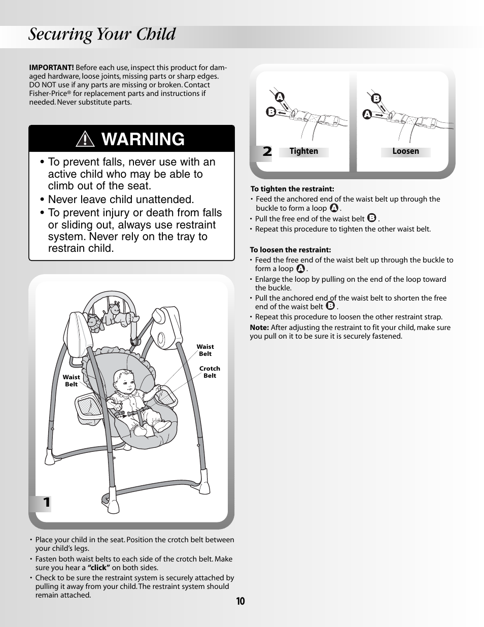 Securing your child, Warning | Fisher-Price SMART RESPONSE SWING B3469 User Manual | Page 10 / 16
