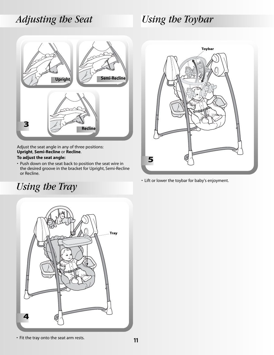 Adjusting the seat using the tray using the toybar | Fisher-Price SMART RESPONSE SWING B3469 User Manual | Page 11 / 16