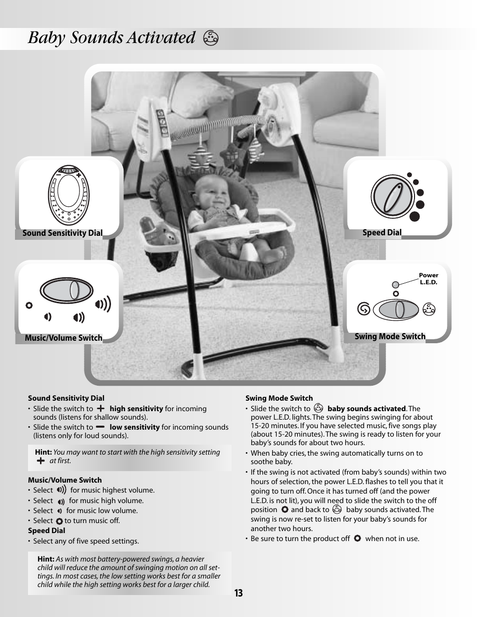 Baby sounds activated | Fisher-Price SMART RESPONSE SWING B3469 User Manual | Page 13 / 16