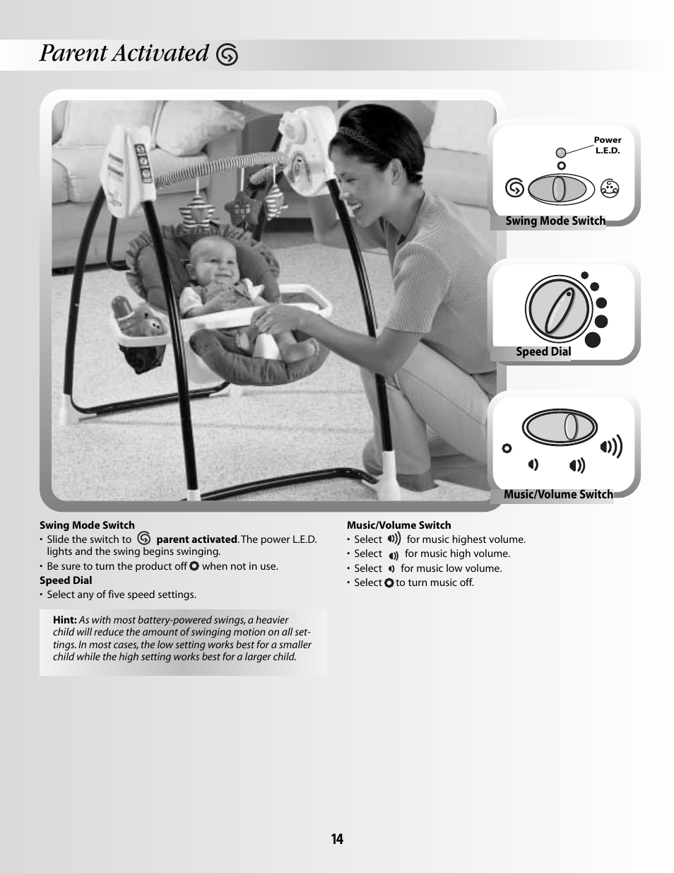 Parent activated | Fisher-Price SMART RESPONSE SWING B3469 User Manual | Page 14 / 16