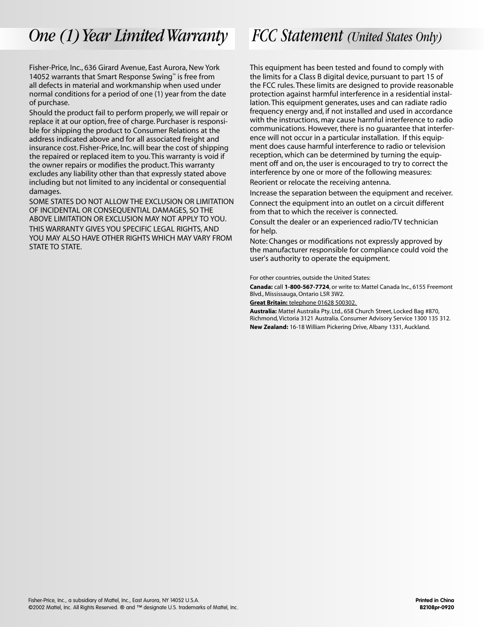 One (1) year limited warranty fcc statement, United states only) | Fisher-Price SMART RESPONSE SWING B3469 User Manual | Page 16 / 16