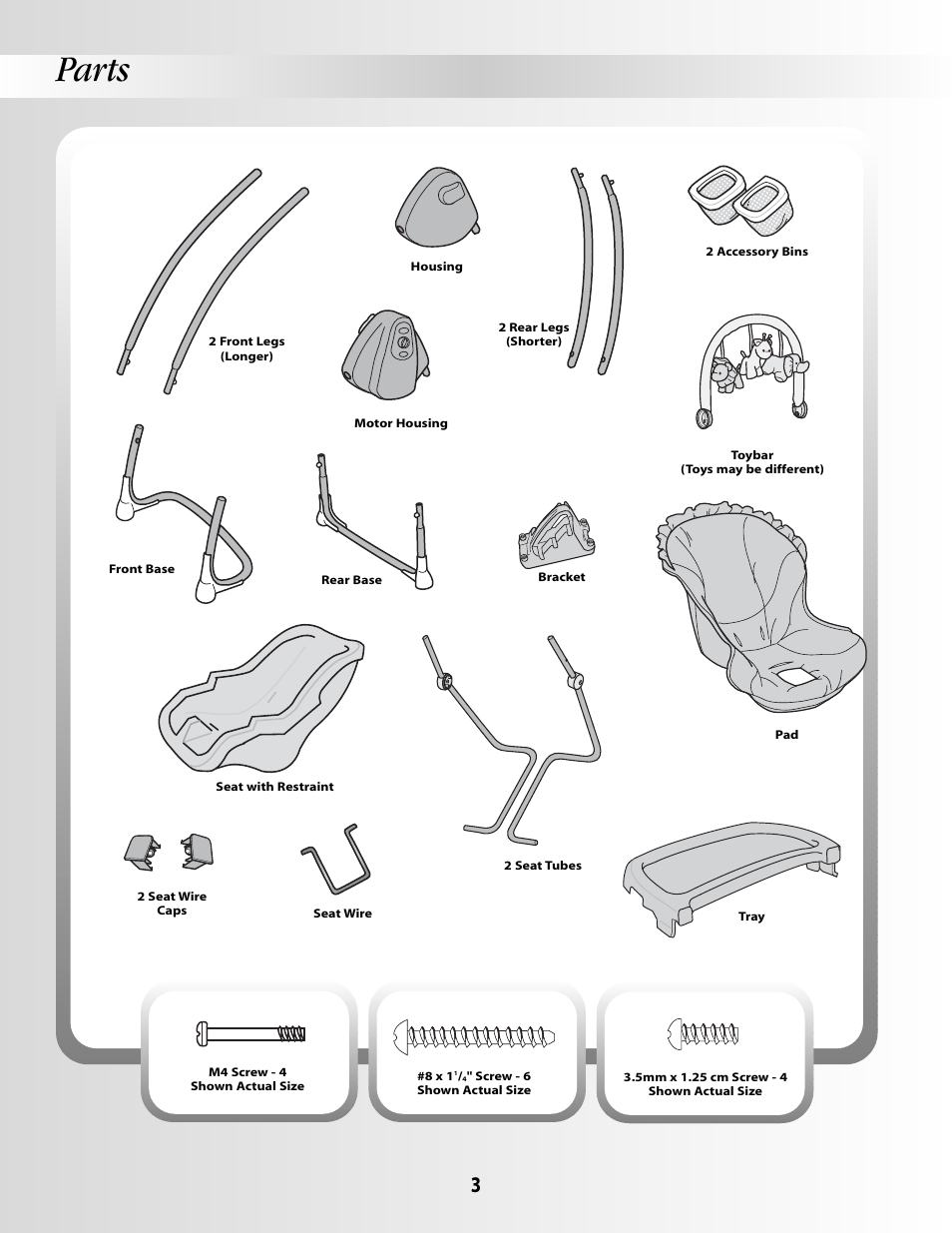 Parts | Fisher-Price SMART RESPONSE SWING B3469 User Manual | Page 3 / 16