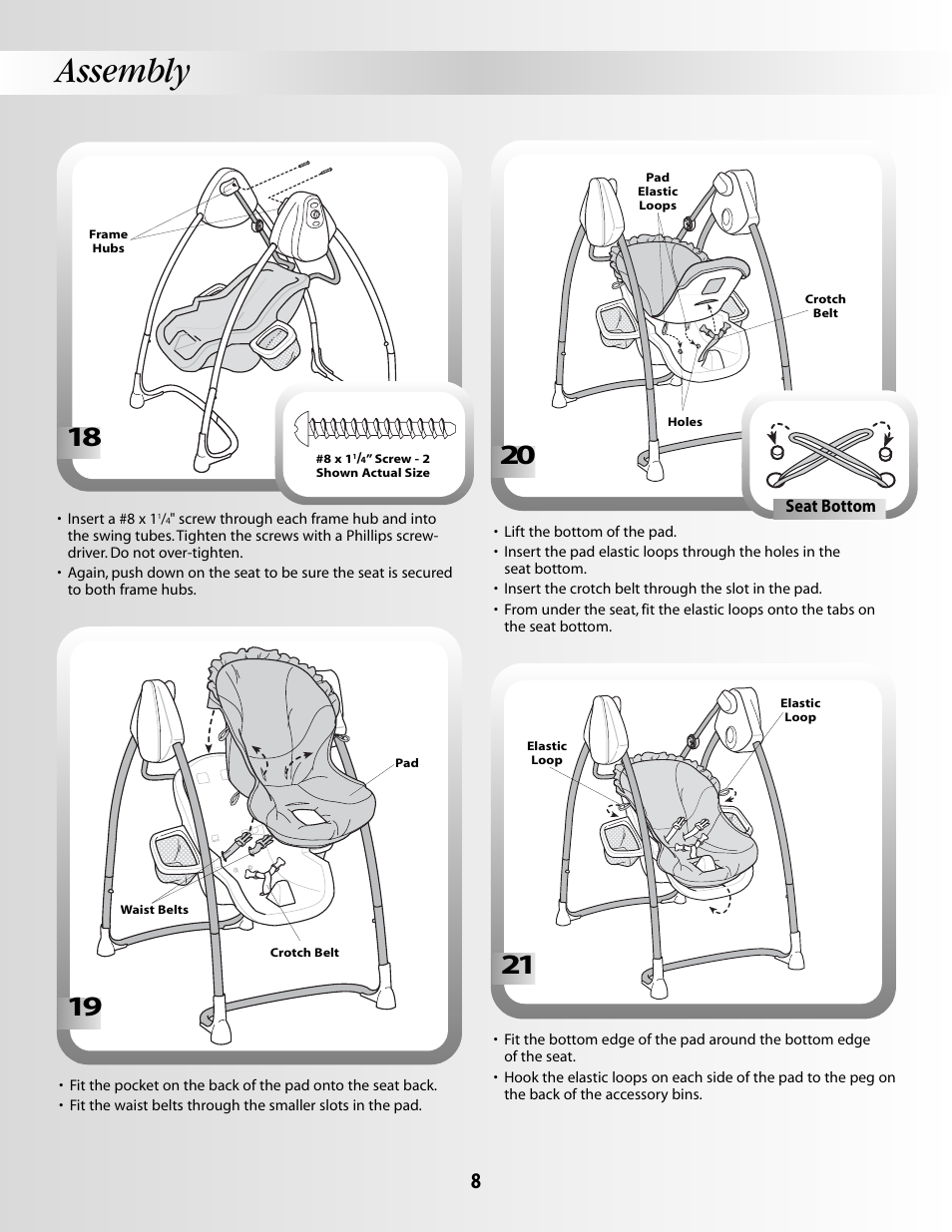 Assembly | Fisher-Price SMART RESPONSE SWING B3469 User Manual | Page 8 / 16