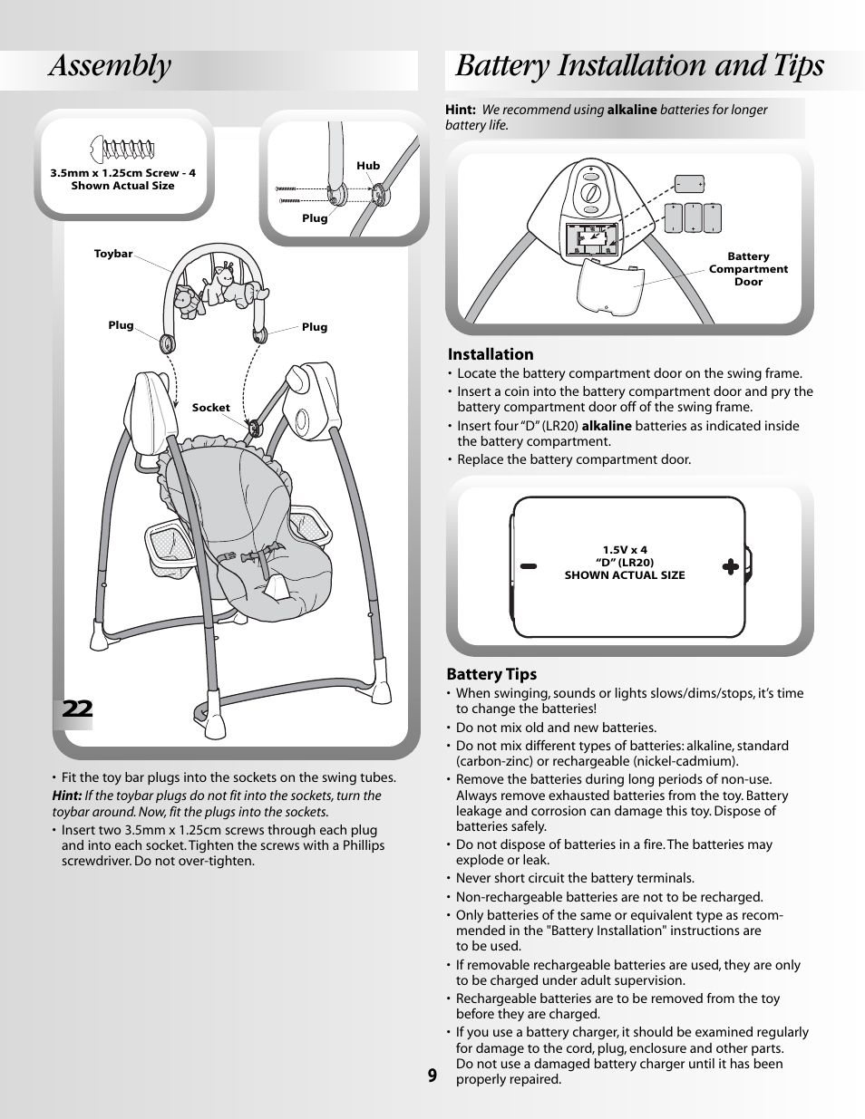Assembly battery installation and tips | Fisher-Price SMART RESPONSE SWING B3469 User Manual | Page 9 / 16