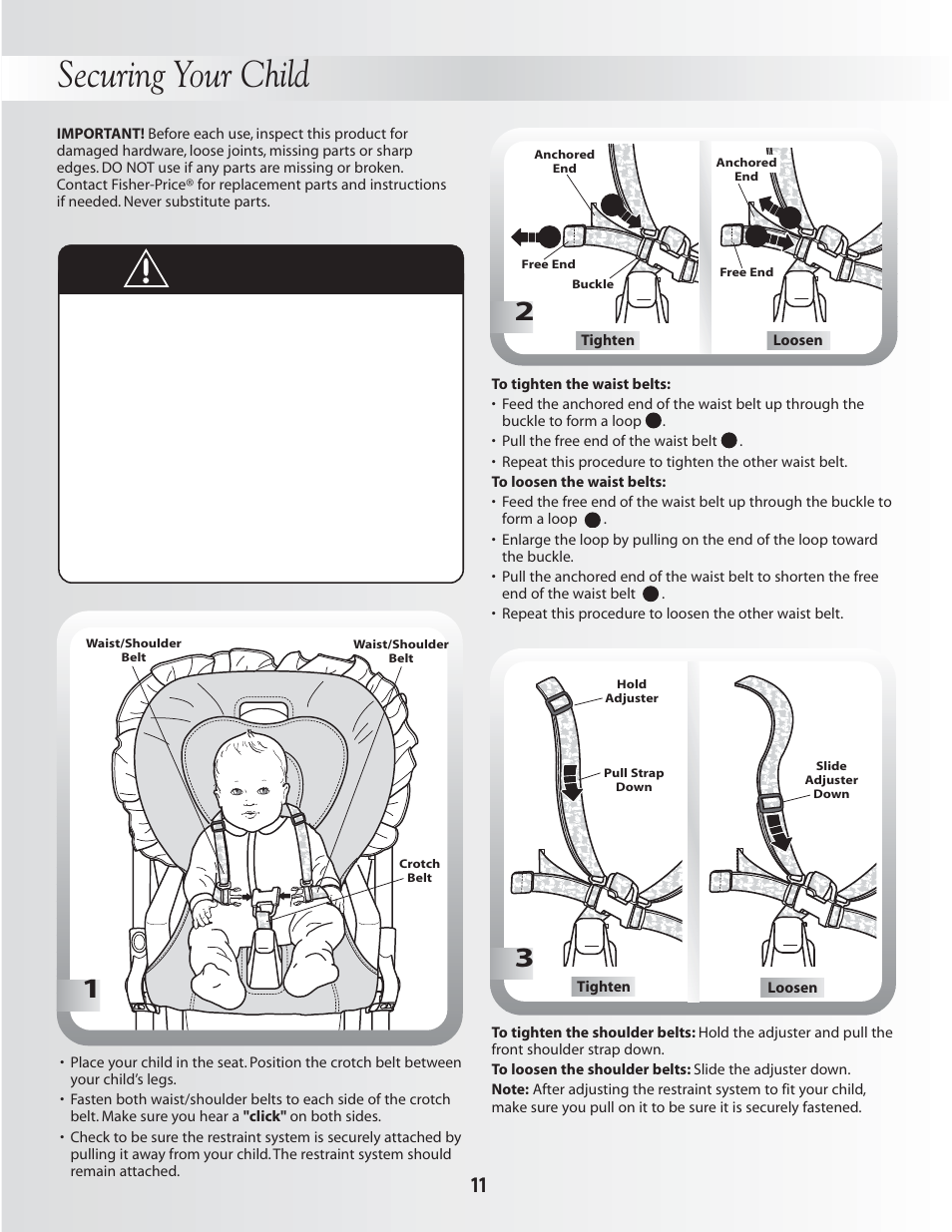 Securing your child, Warning | Fisher-Price DELUXE PLUS HEALTHY CARE B0325 User Manual | Page 11 / 16