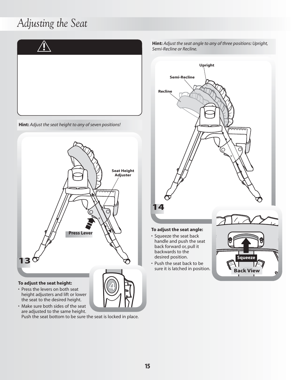 Adjusting the seat, Warning | Fisher-Price DELUXE PLUS HEALTHY CARE B0325 User Manual | Page 15 / 16