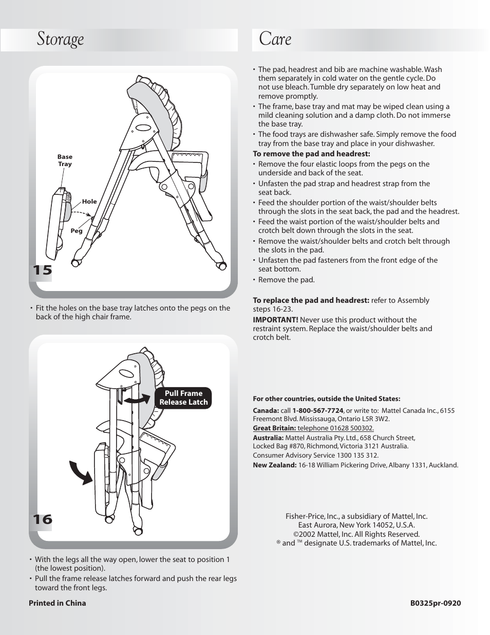 Care, Storage | Fisher-Price DELUXE PLUS HEALTHY CARE B0325 User Manual | Page 16 / 16