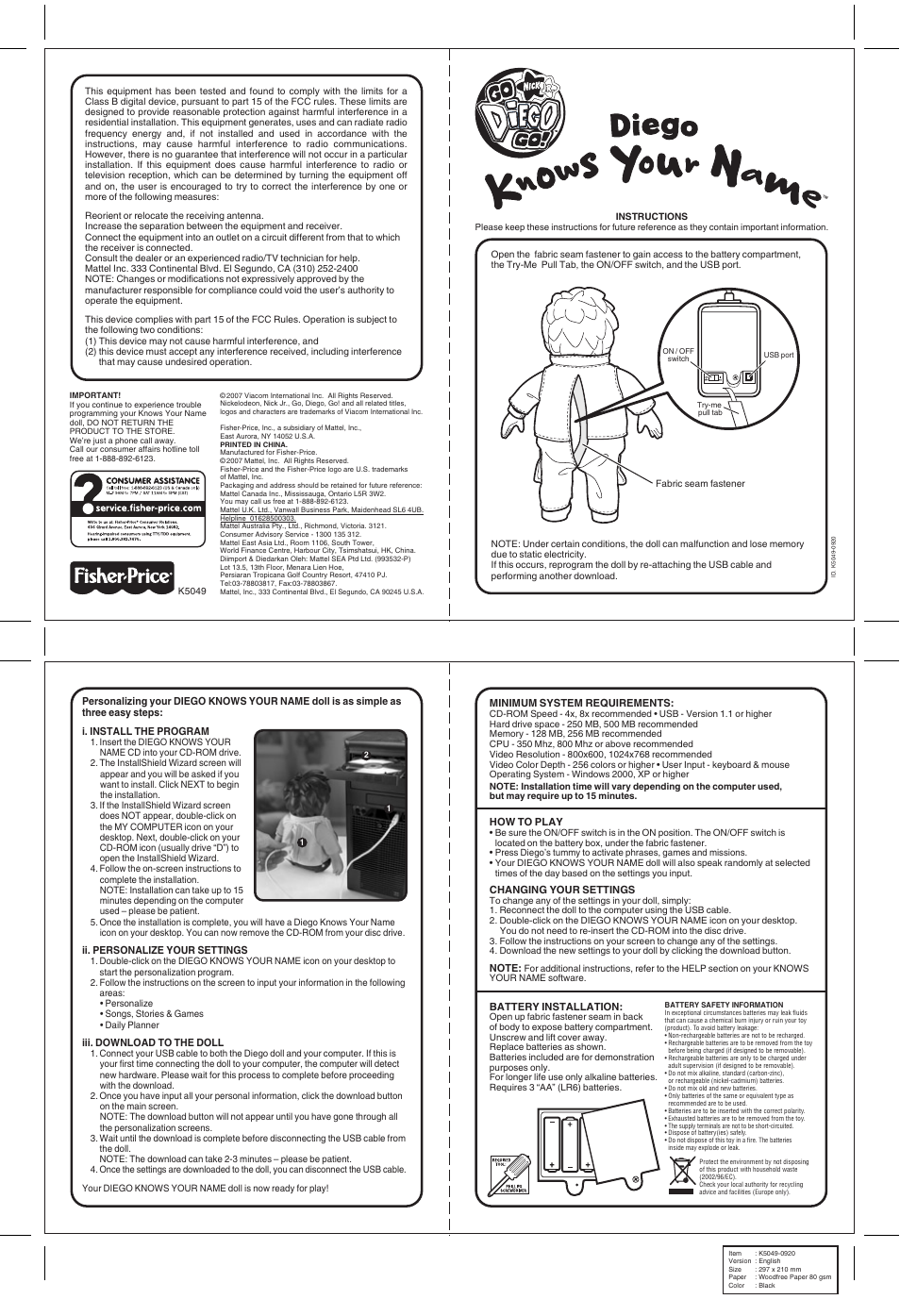 Fisher-Price DIEGO K5049 User Manual | 1 page