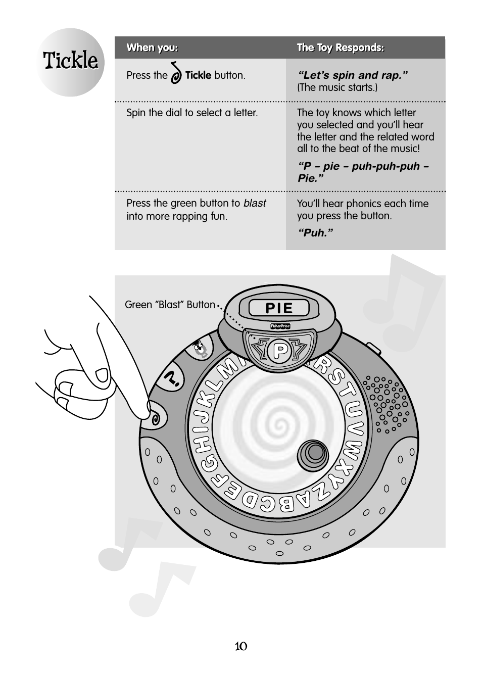 Tickle | Fisher-Price ALPHASPINNER 77951 User Manual | Page 10 / 12