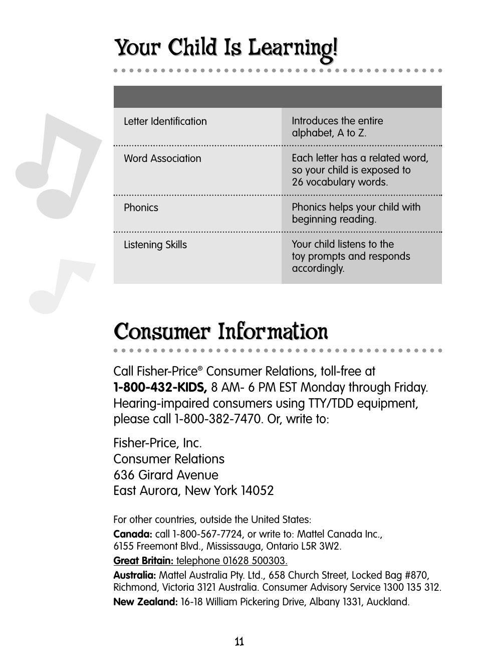 Your child is learning, Consumer information | Fisher-Price ALPHASPINNER 77951 User Manual | Page 11 / 12