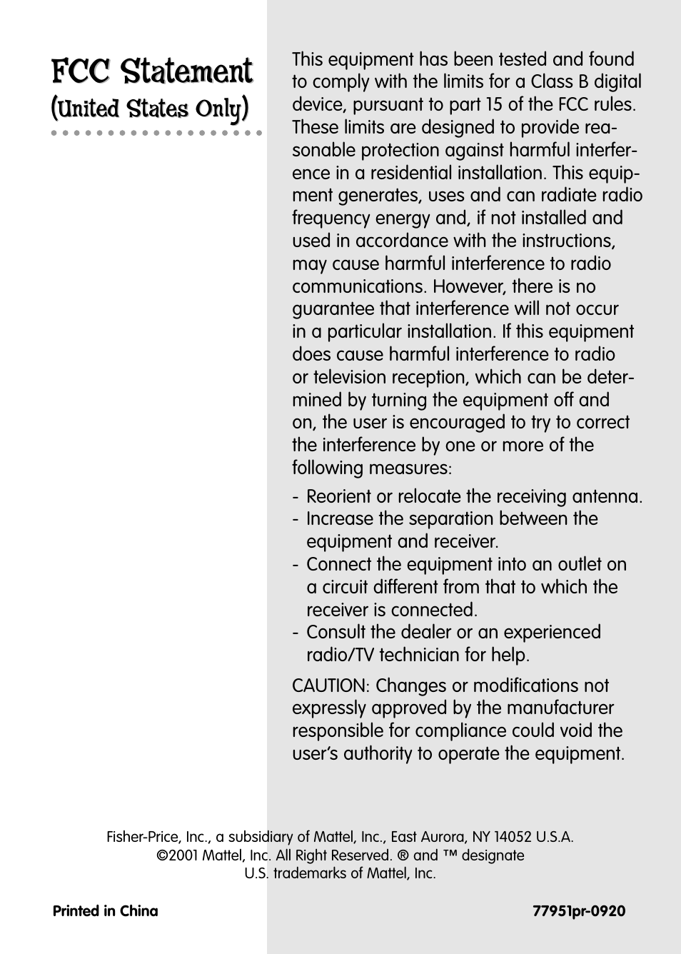Fcc statement, United states only) | Fisher-Price ALPHASPINNER 77951 User Manual | Page 12 / 12