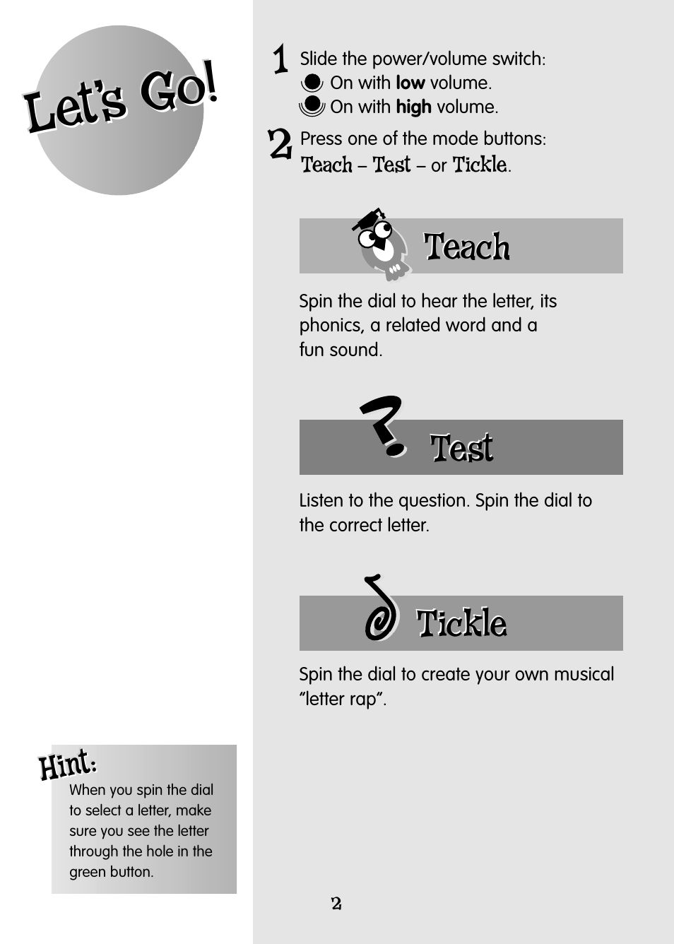 Let’s go, Test, Tickle | Teach, Hint | Fisher-Price ALPHASPINNER 77951 User Manual | Page 2 / 12