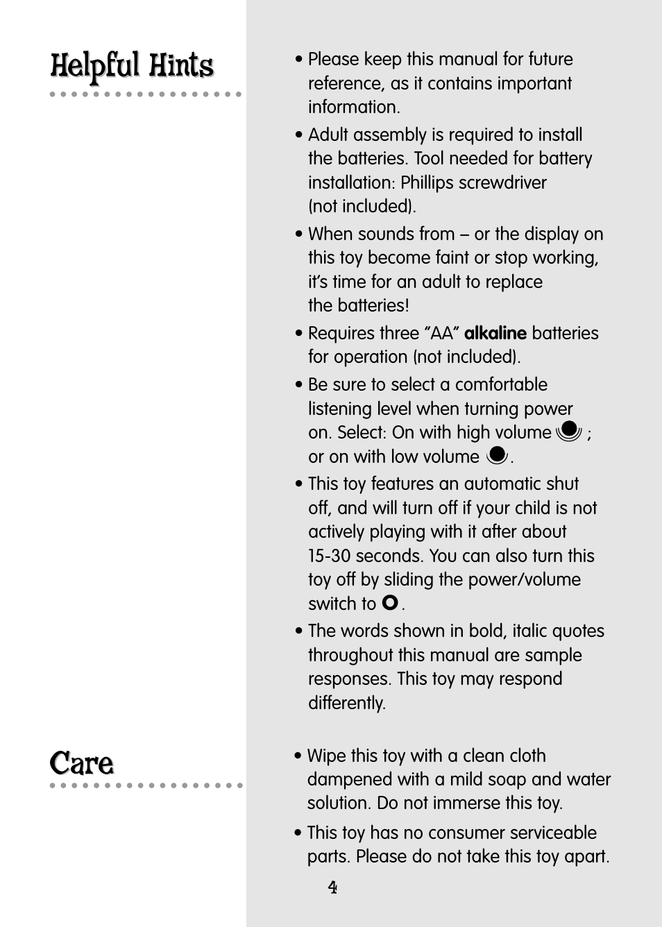 Helpful hints, Helpful hints care care | Fisher-Price ALPHASPINNER 77951 User Manual | Page 4 / 12