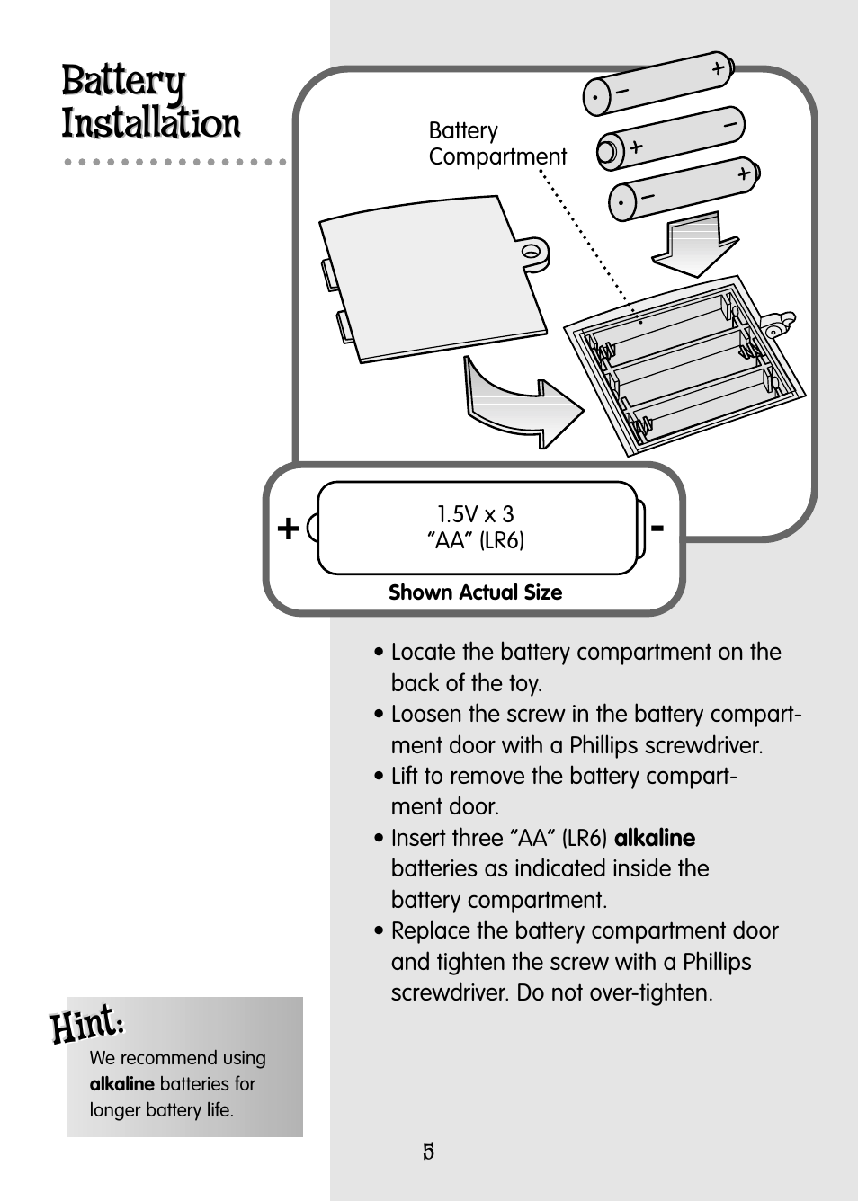 Battery installation battery installation, Hint | Fisher-Price ALPHASPINNER 77951 User Manual | Page 5 / 12