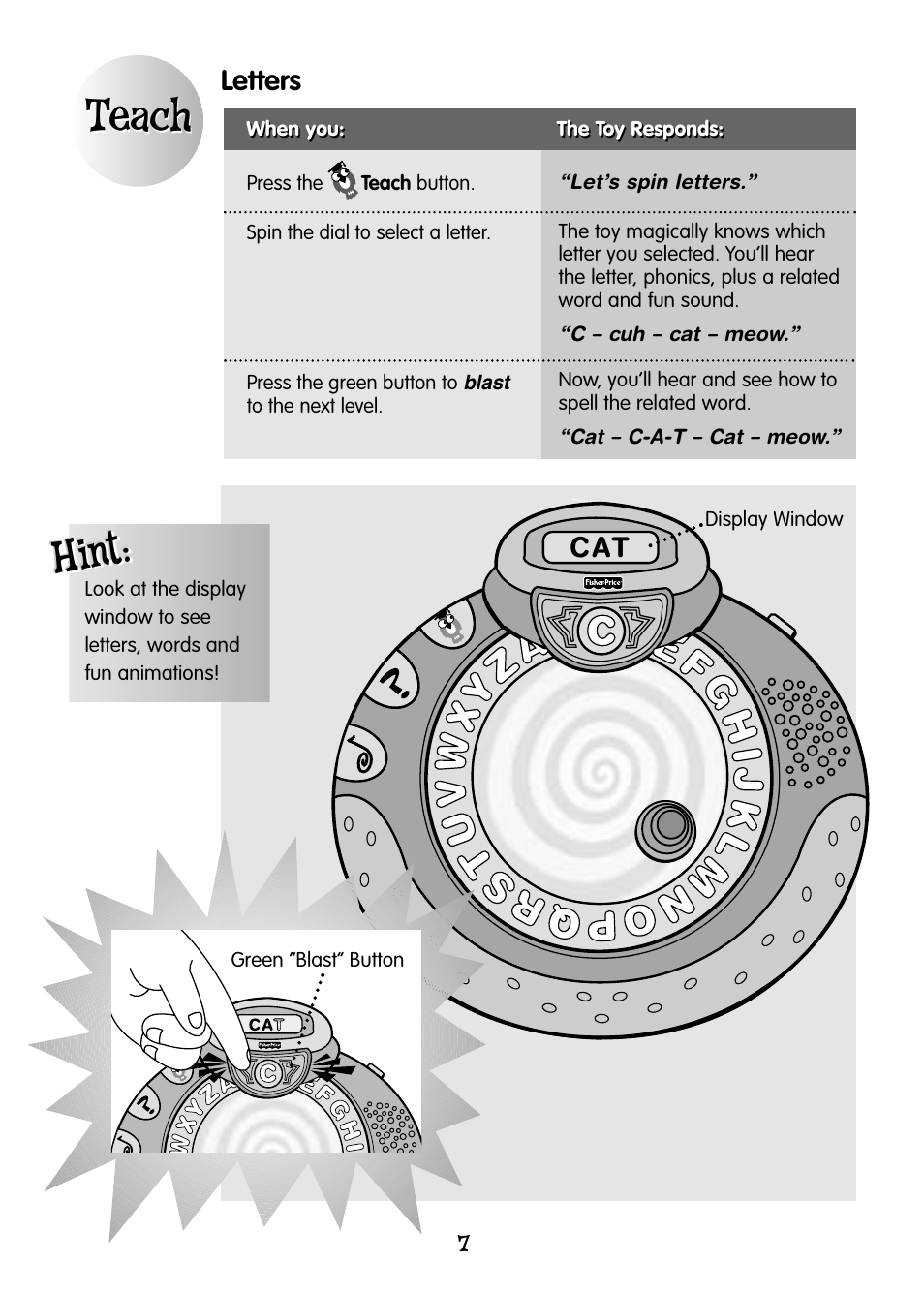 Teach, Hint | Fisher-Price ALPHASPINNER 77951 User Manual | Page 7 / 12