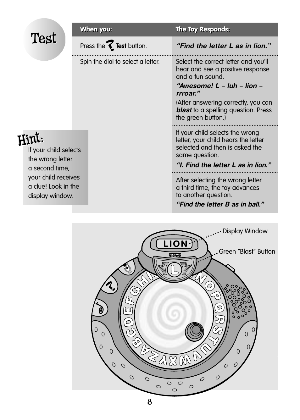 Test, Hint | Fisher-Price ALPHASPINNER 77951 User Manual | Page 8 / 12