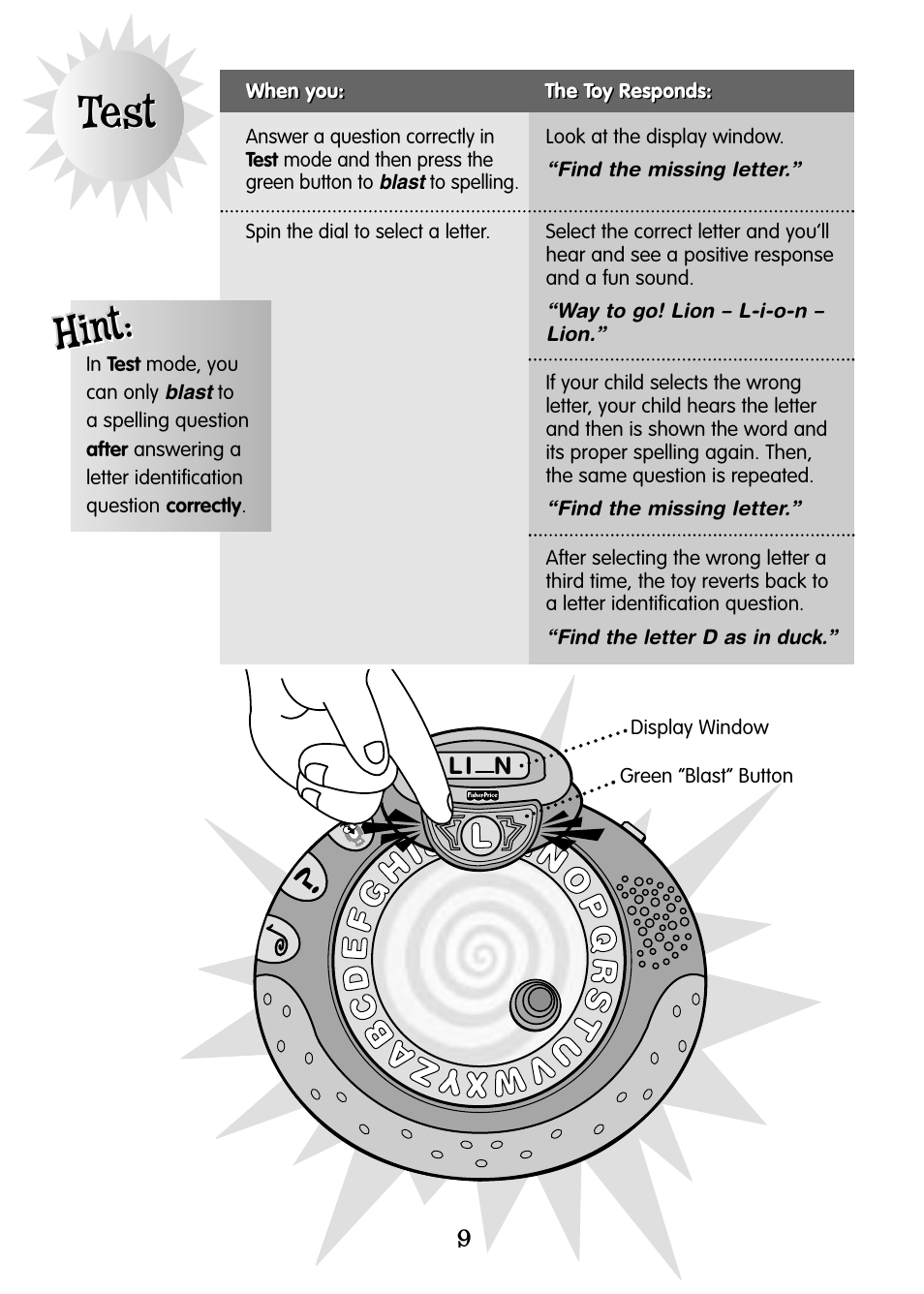 Test, Hint | Fisher-Price ALPHASPINNER 77951 User Manual | Page 9 / 12