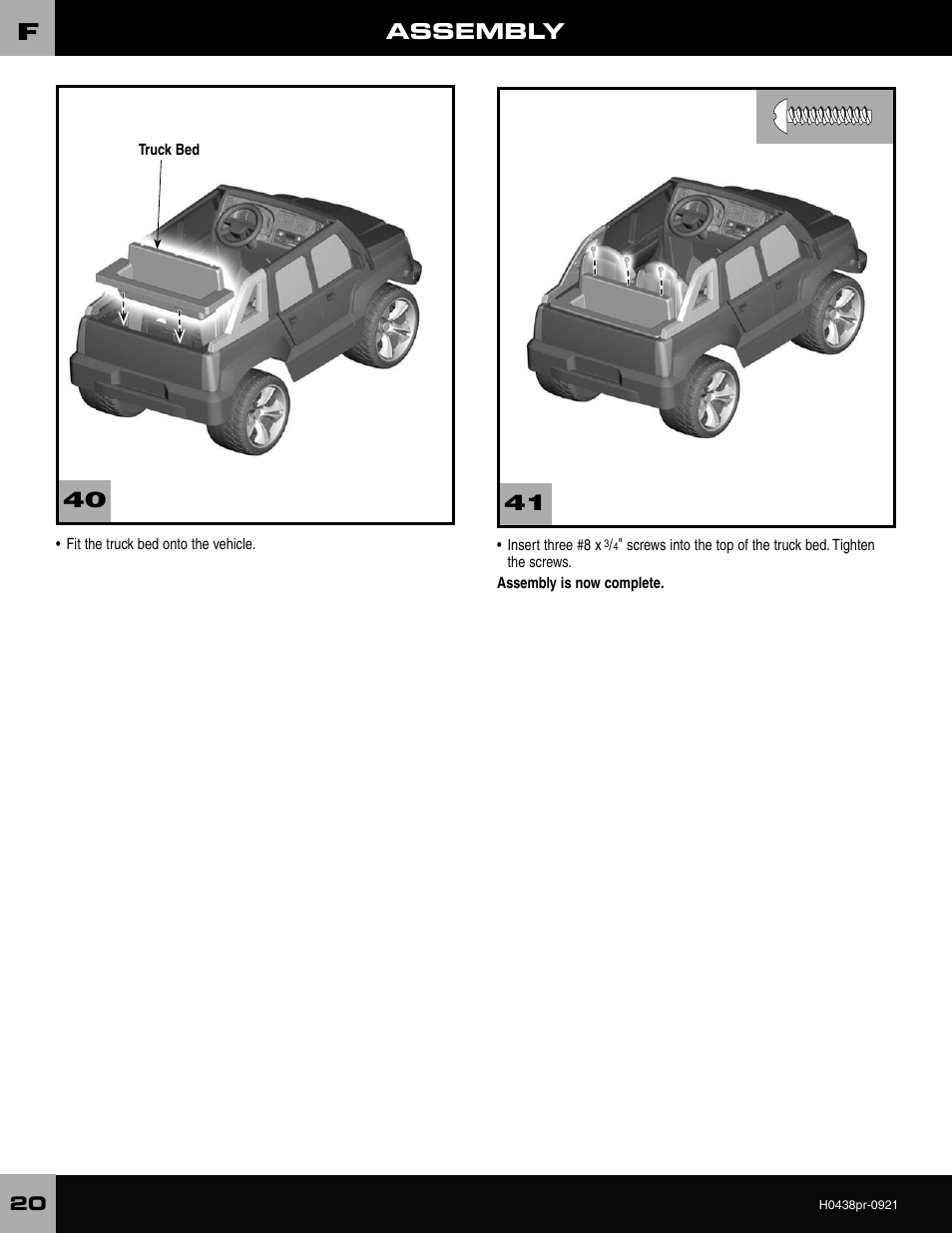 Assembly | Fisher-Price CADILLAC ESCALADE H0438 User Manual | Page 20 / 36