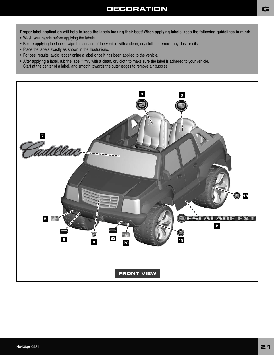 Decoration | Fisher-Price CADILLAC ESCALADE H0438 User Manual | Page 21 / 36