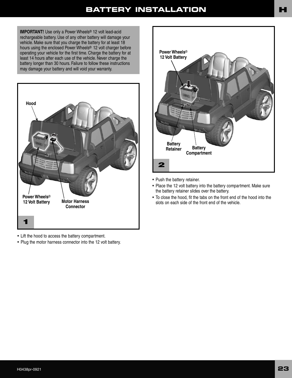 Battery installation | Fisher-Price CADILLAC ESCALADE H0438 User Manual | Page 23 / 36
