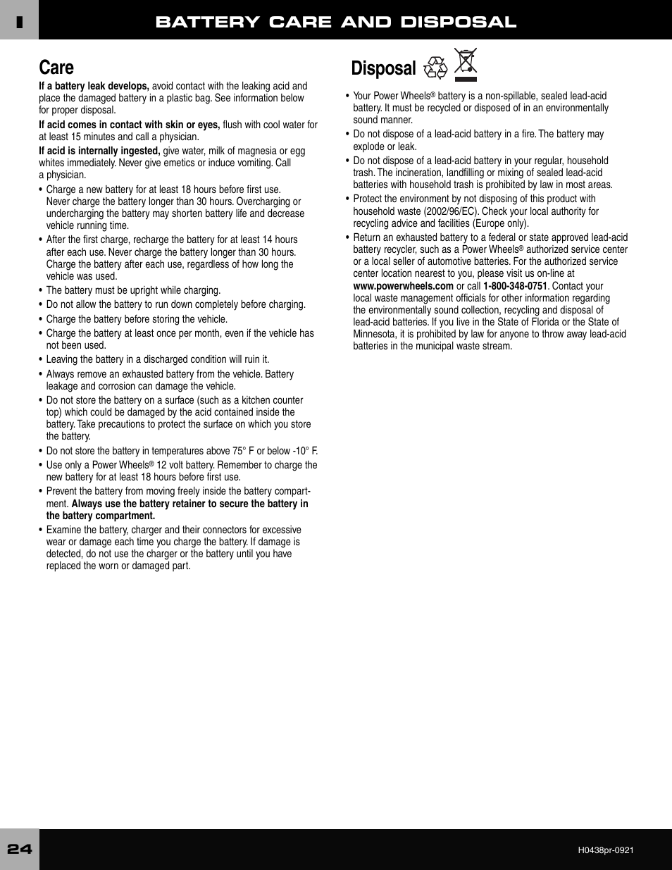 Care, Disposal, Battery care and disposal | Fisher-Price CADILLAC ESCALADE H0438 User Manual | Page 24 / 36