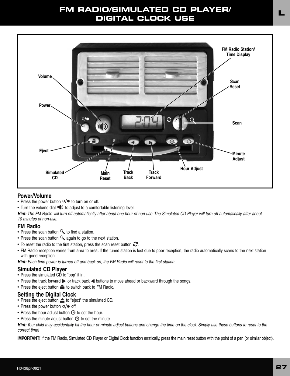 Fm radio/simulated cd player/ digital clock use, Power/volume, Fm radio | Simulated cd player, Setting the digital clock | Fisher-Price CADILLAC ESCALADE H0438 User Manual | Page 27 / 36