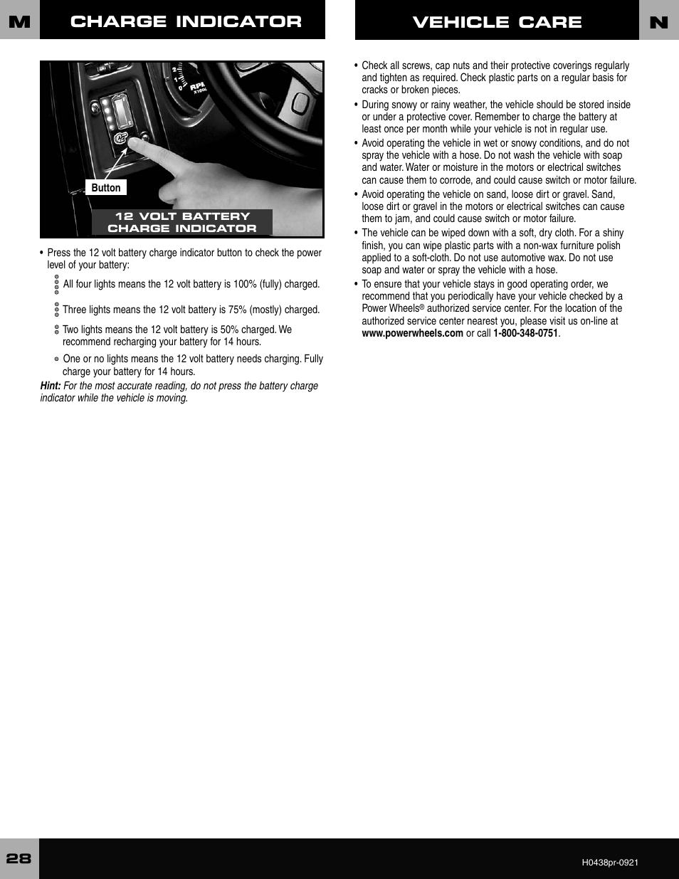 Charge indicator, Vehicle care | Fisher-Price CADILLAC ESCALADE H0438 User Manual | Page 28 / 36