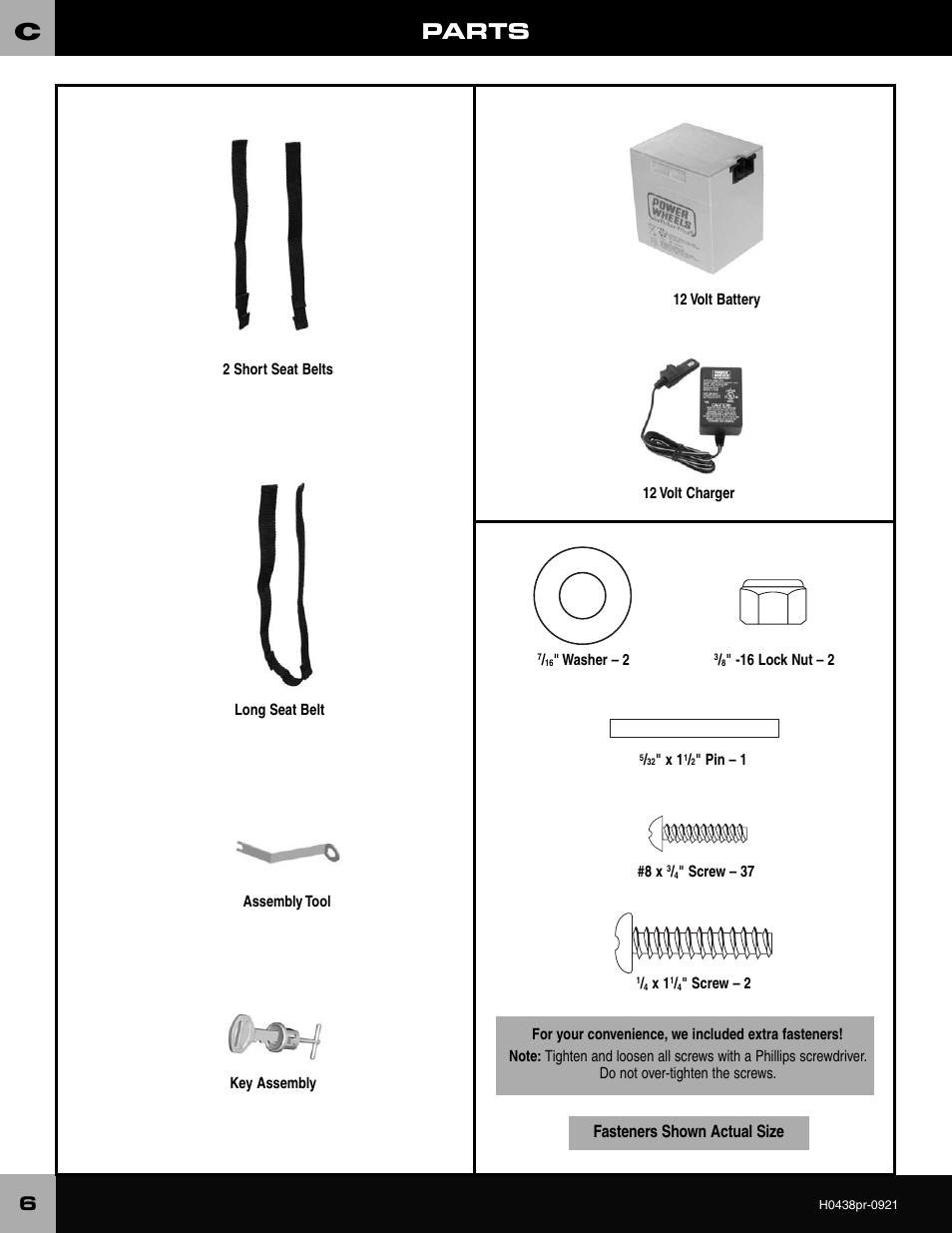 Parts, Fasteners shown actual size | Fisher-Price CADILLAC ESCALADE H0438 User Manual | Page 6 / 36