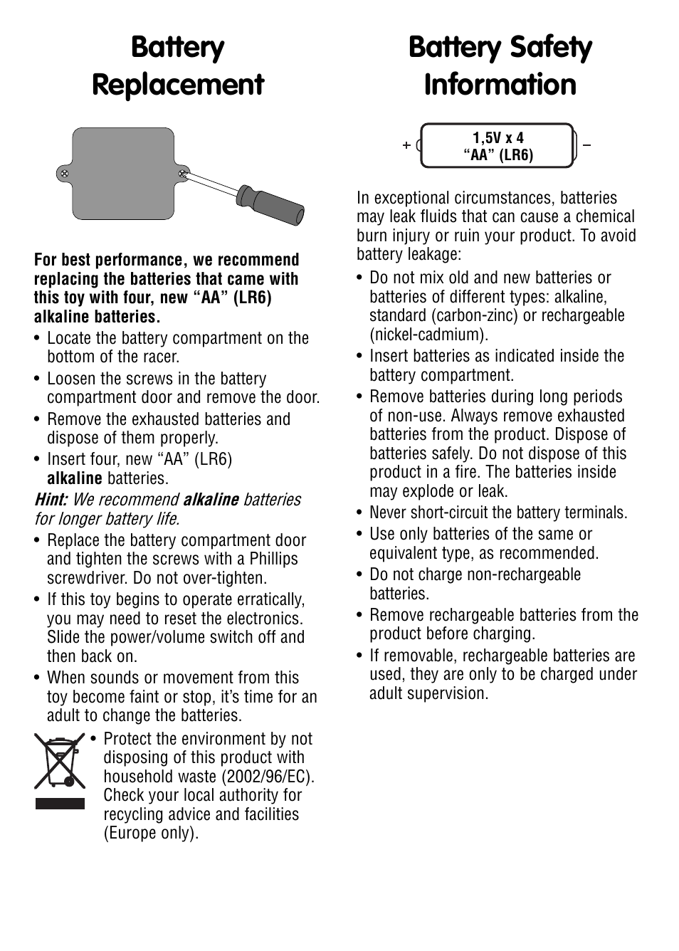 Battery replacement, Battery safety information | Fisher-Price V2758 User Manual | Page 2 / 4