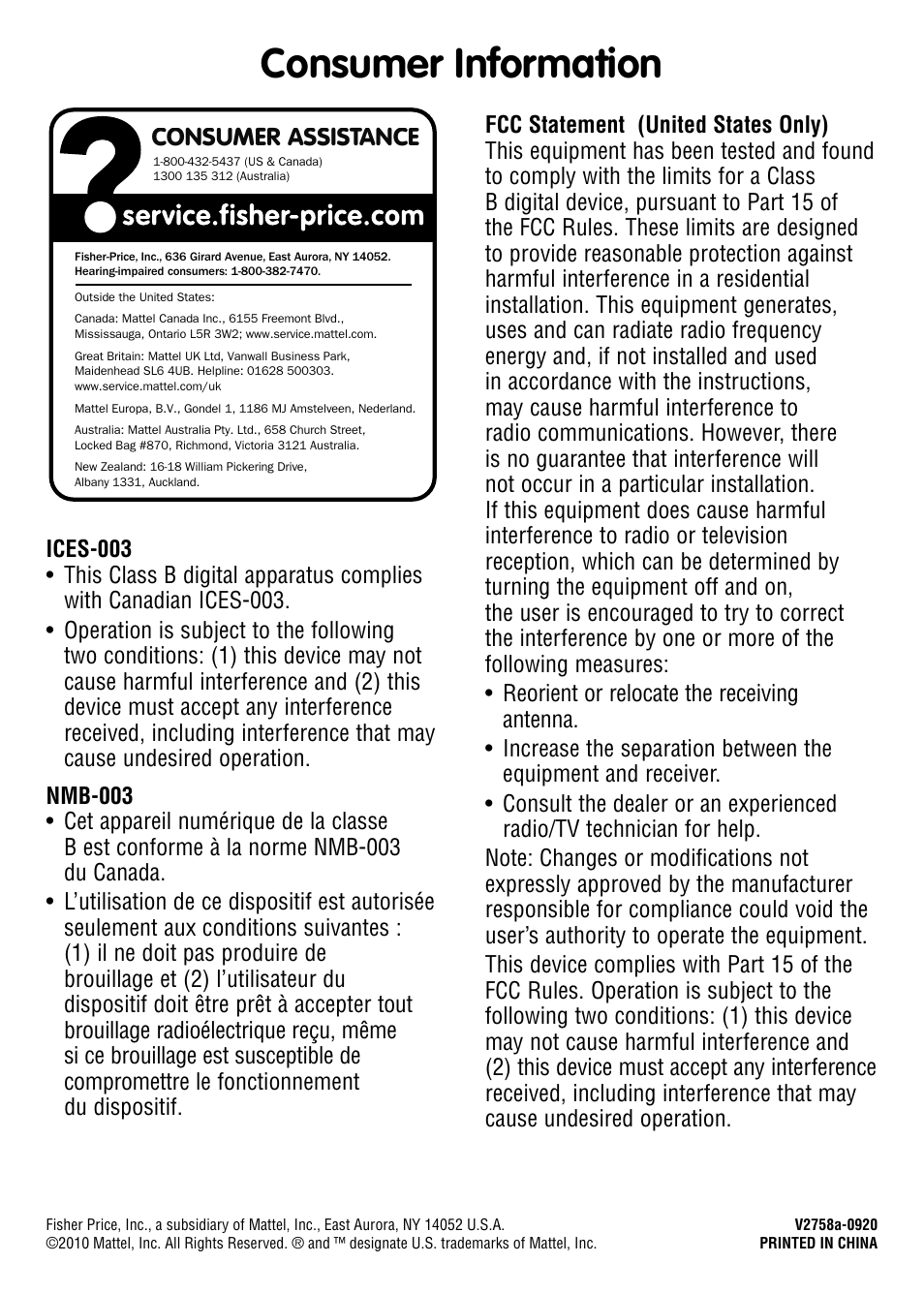 Consumer information, Consumer assistance | Fisher-Price V2758 User Manual | Page 4 / 4