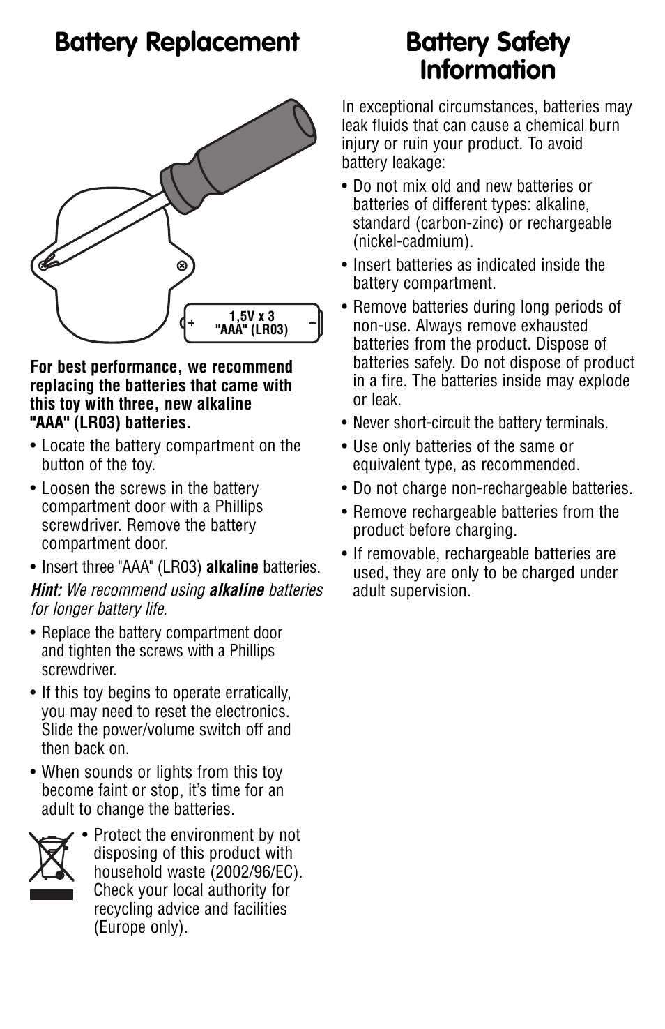 Battery replacement, Battery safety information | Fisher-Price P2787 User Manual | Page 2 / 4