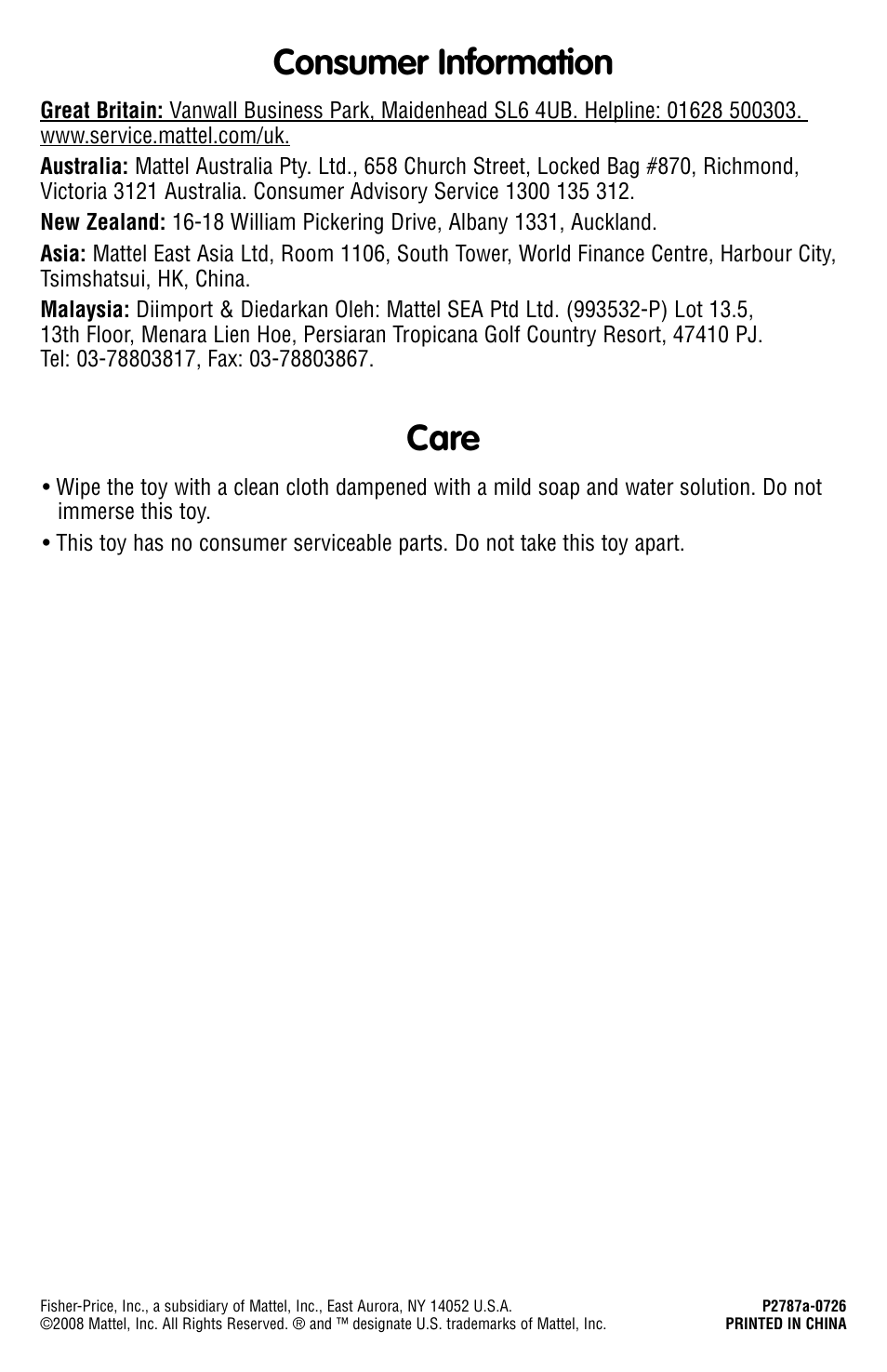 Consumer information, Care | Fisher-Price P2787 User Manual | Page 4 / 4