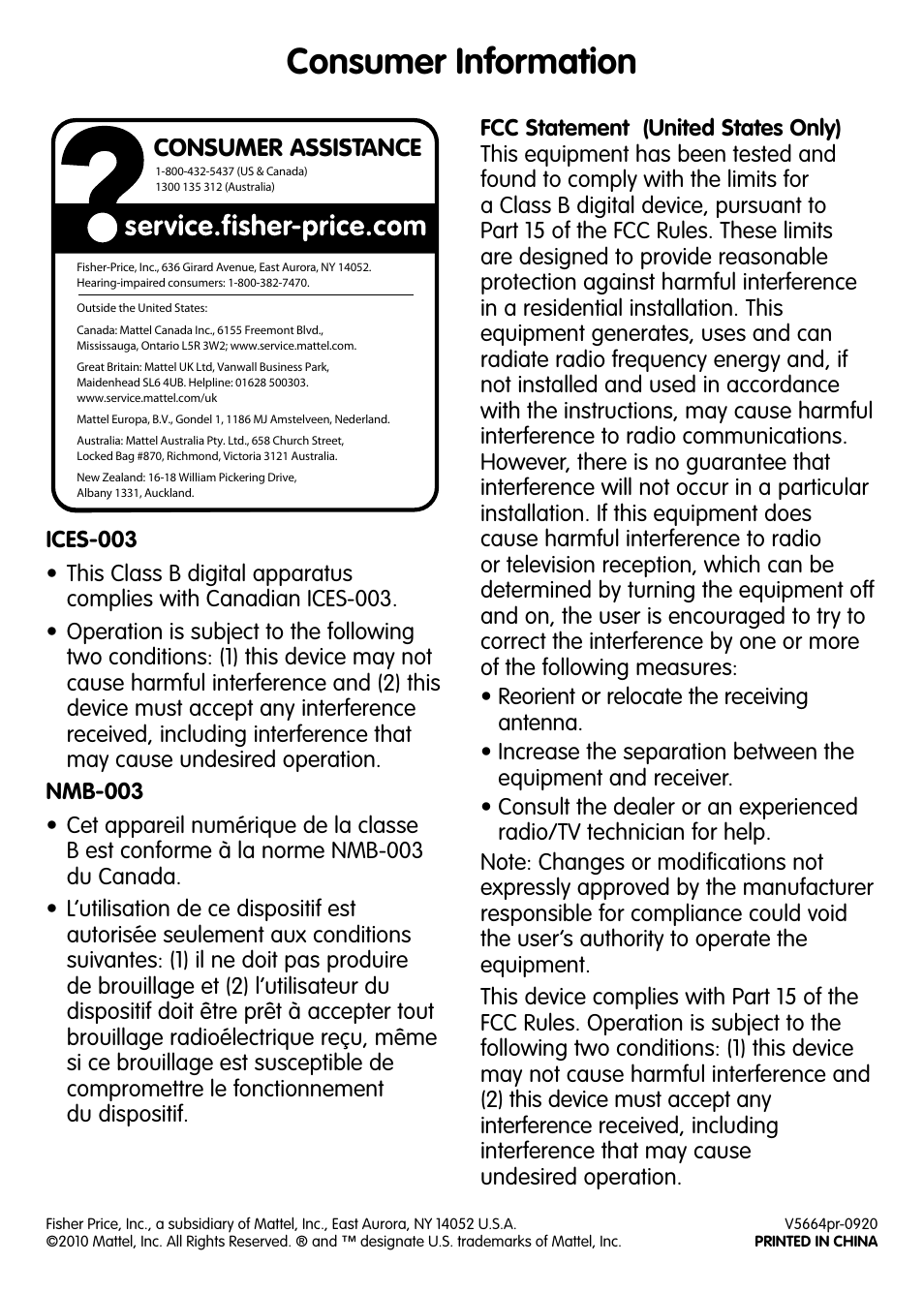 Consumer information, Consumer assistance | Fisher-Price V5664 User Manual | Page 4 / 4