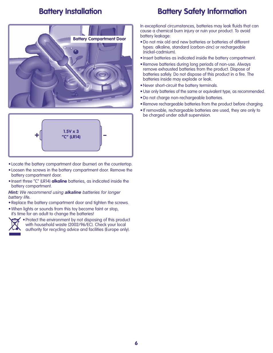 Battery installation, Battery safety information | Fisher-Price N3570 User Manual | Page 6 / 8