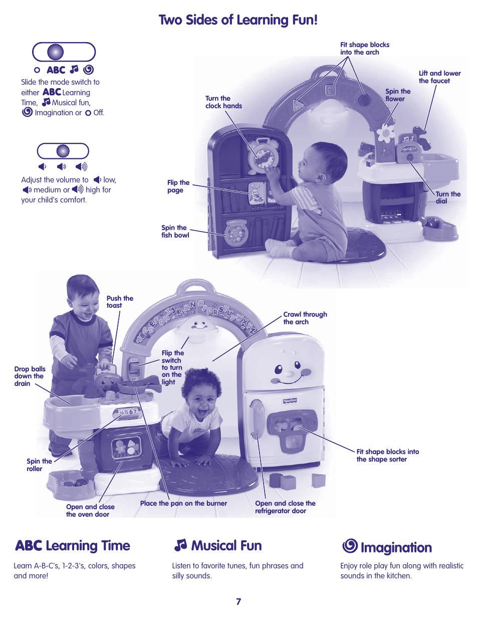 Learning time, Two sides of learning fun, Musical fun | Imagination | Fisher-Price N3570 User Manual | Page 7 / 8