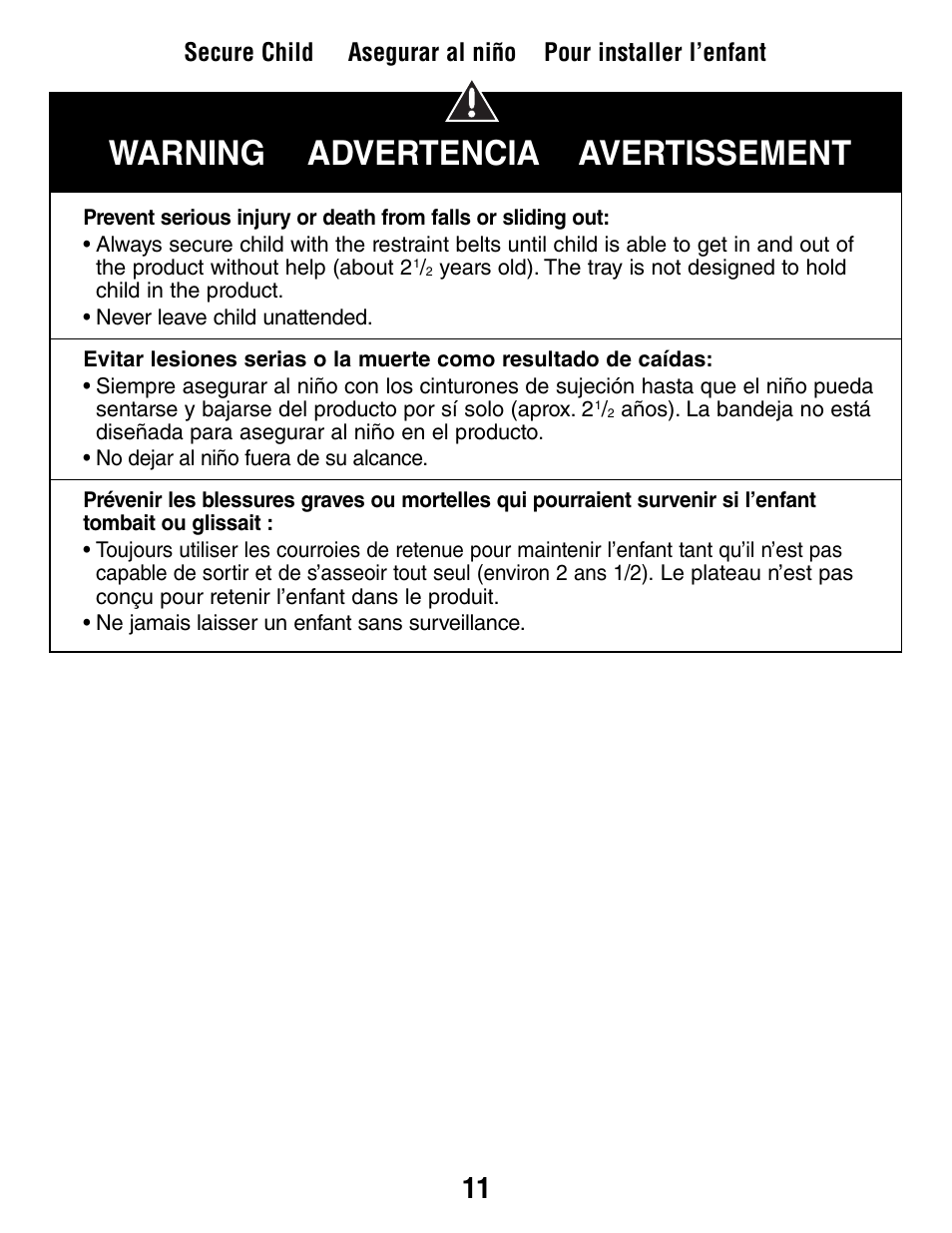 Warning advertencia avertissement | Fisher-Price J5933 User Manual | Page 11 / 20