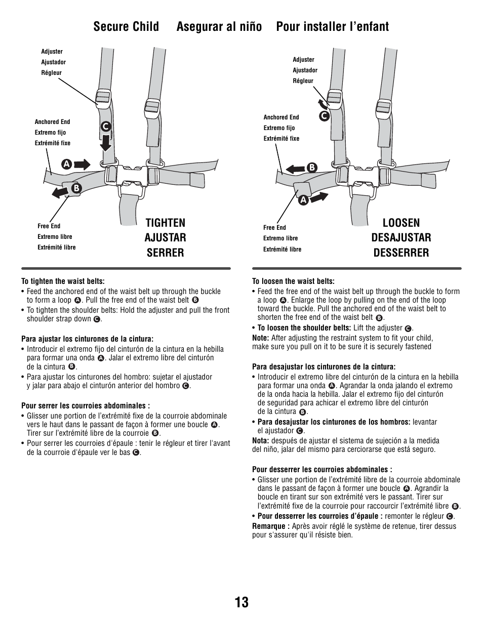 Loosen desajustar desserrer tighten ajustar serrer, Ca b c | Fisher-Price J5933 User Manual | Page 13 / 20