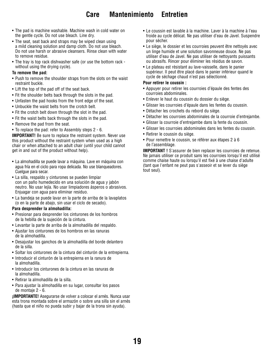 Care mantenimiento entretien | Fisher-Price J5933 User Manual | Page 19 / 20