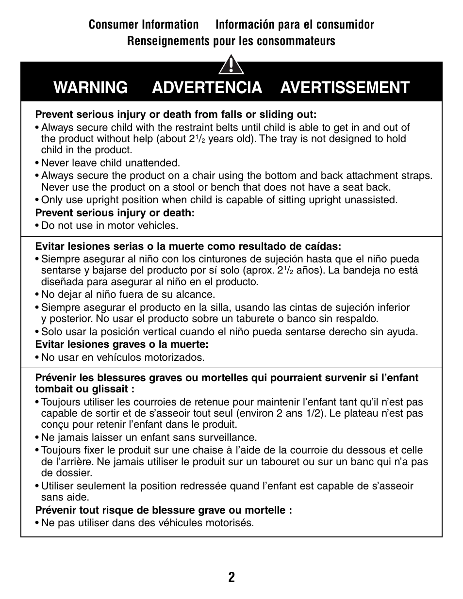 Warning advertencia avertissement | Fisher-Price J5933 User Manual | Page 2 / 20