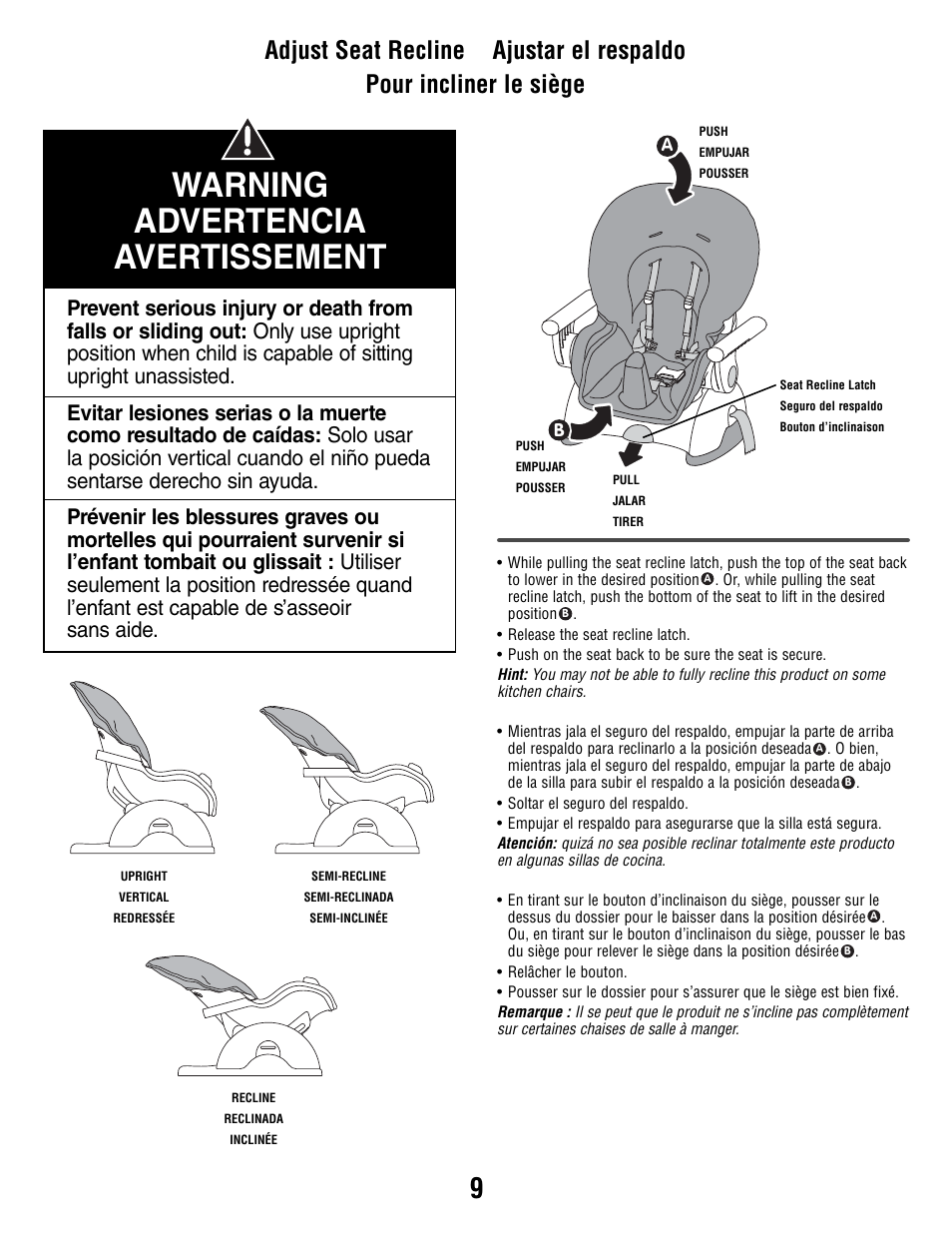 Warning advertencia avertissement | Fisher-Price J5933 User Manual | Page 9 / 20