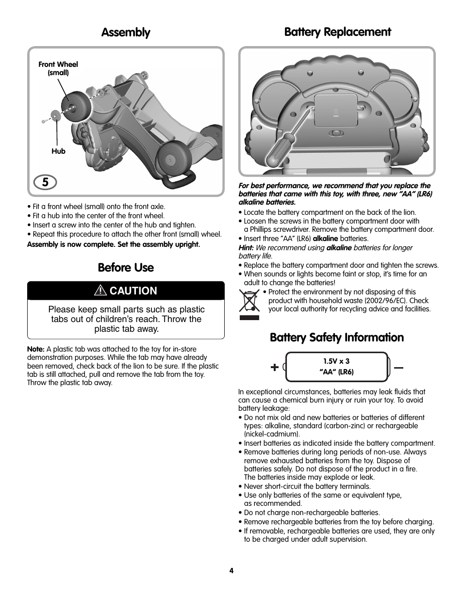 5assembly before use, Battery safety information, Battery replacement | Caution | Fisher-Price L4511 User Manual | Page 4 / 6