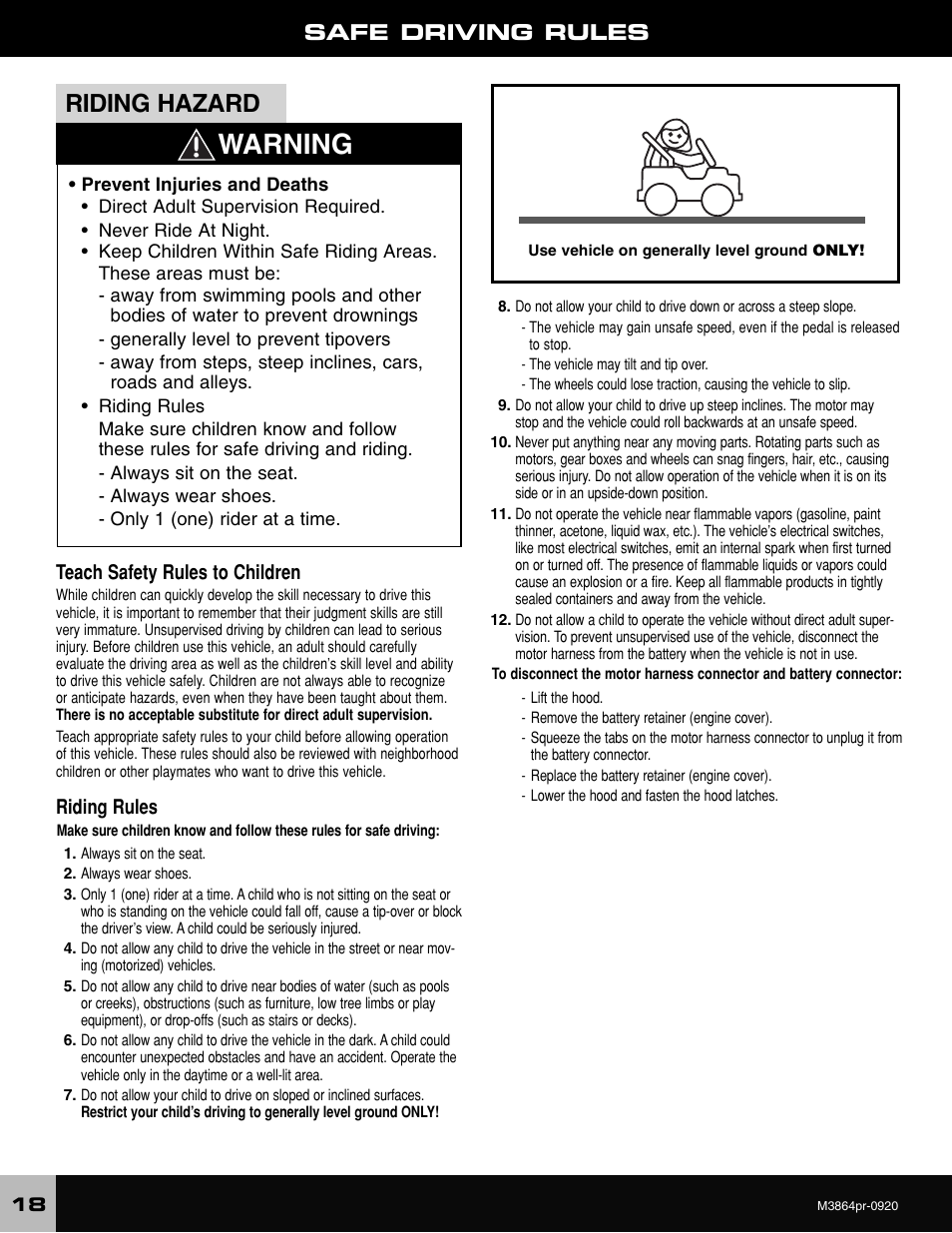 Warning, Riding hazard, Safe driving rules | Teach safety rules to children, Riding rules | Fisher-Price M3864 User Manual | Page 18 / 24
