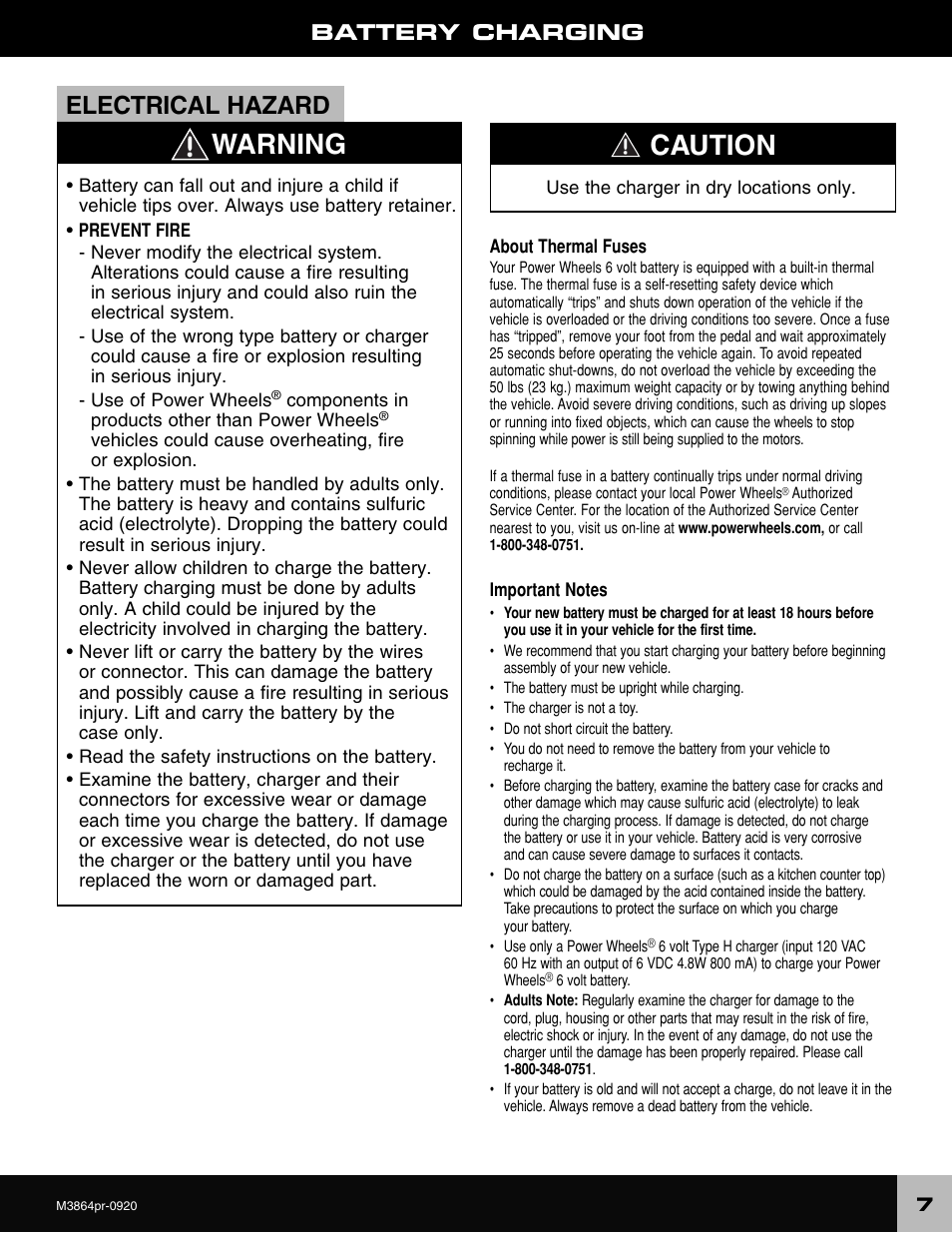 Warning, Caution, Electrical hazard | Battery charging | Fisher-Price M3864 User Manual | Page 7 / 24