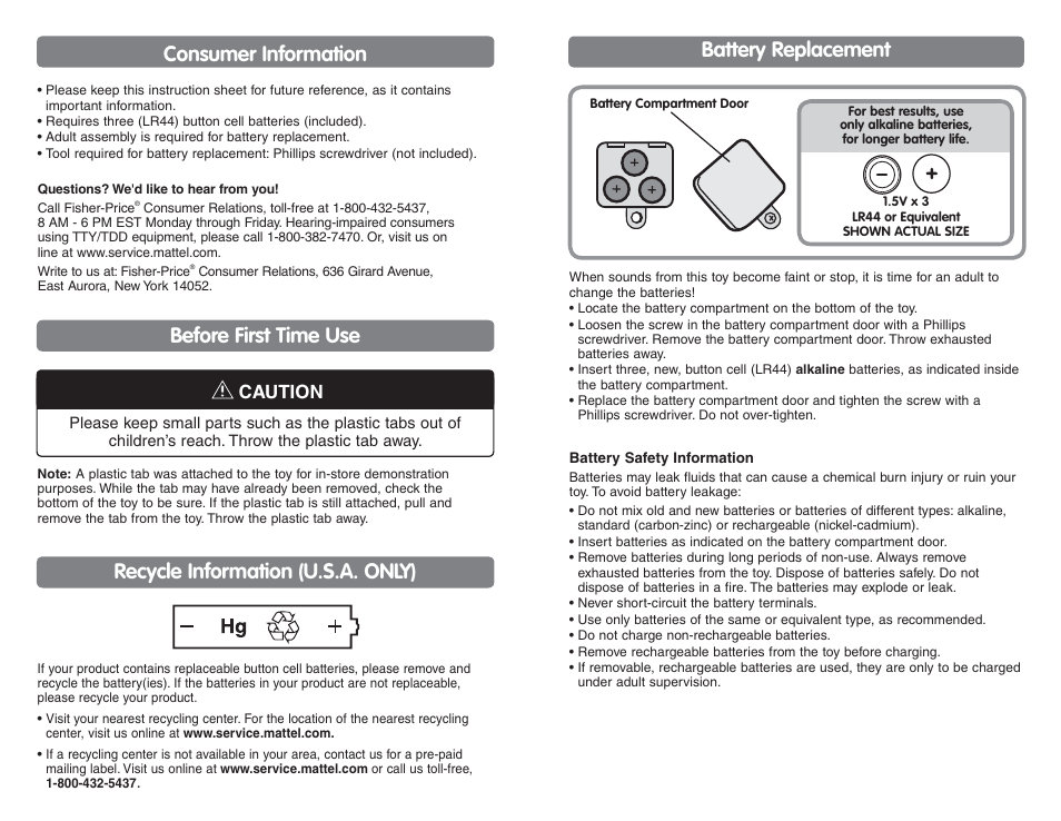 Consumer information, Battery replacement, Caution | Fisher-Price H7062 User Manual | Page 2 / 2