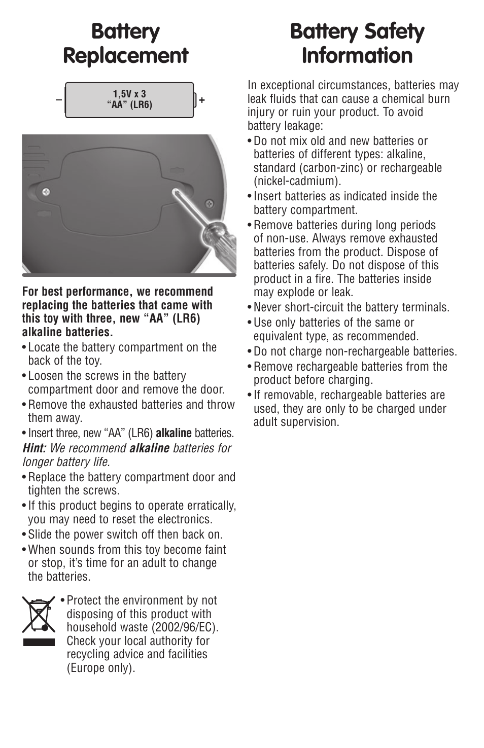 Battery replacement, Battery safety information | Fisher-Price T7157 User Manual | Page 2 / 4