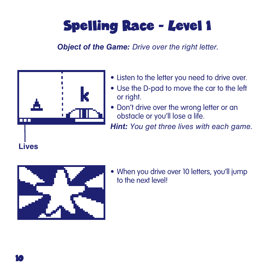 Spelling race - level 1 | Fisher-Price FUN2LEARN L6723 User Manual | Page 10 / 20