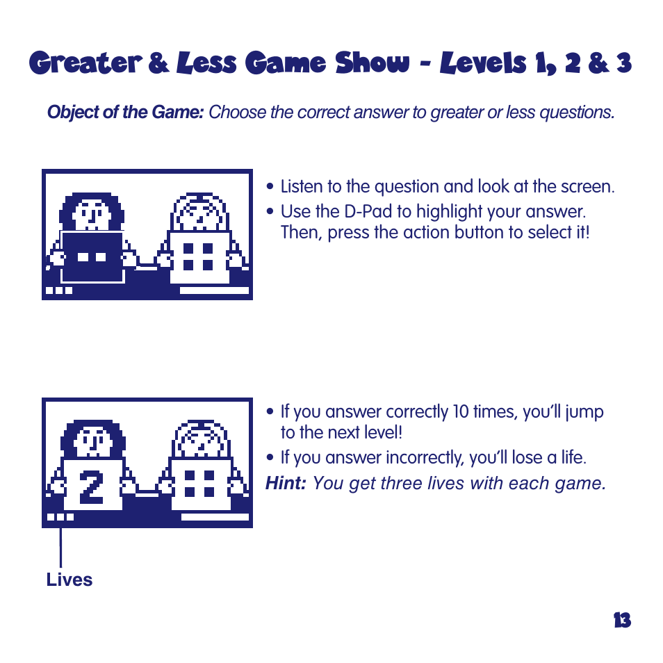 Greater & less game show, Levels 1, 2 & 3 | Fisher-Price FUN2LEARN L6723 User Manual | Page 13 / 20