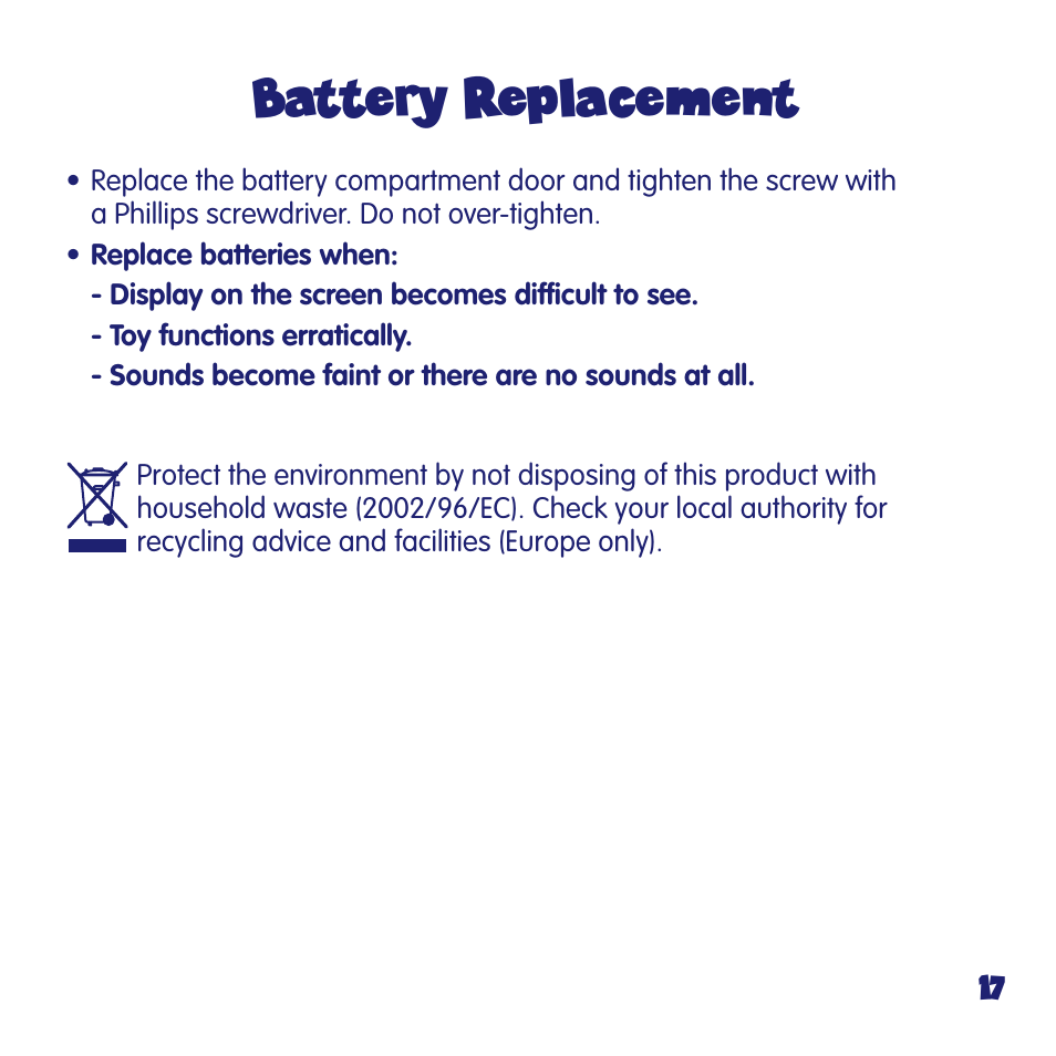 Battery replacement | Fisher-Price FUN2LEARN L6723 User Manual | Page 17 / 20