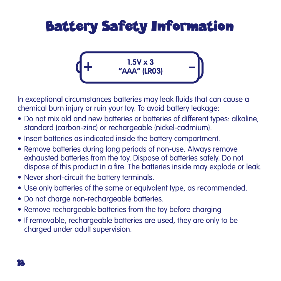 Battery safety information | Fisher-Price FUN2LEARN L6723 User Manual | Page 18 / 20