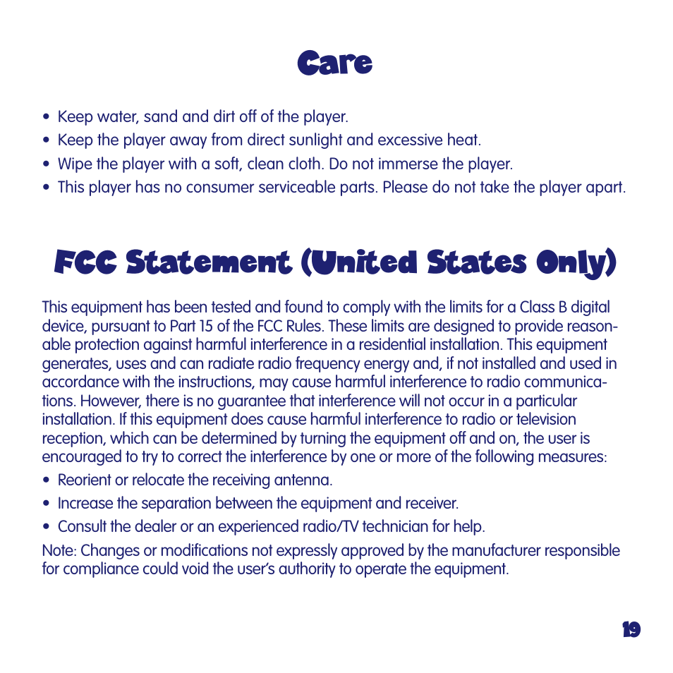 Care, Fcc statement (united states only) | Fisher-Price FUN2LEARN L6723 User Manual | Page 19 / 20